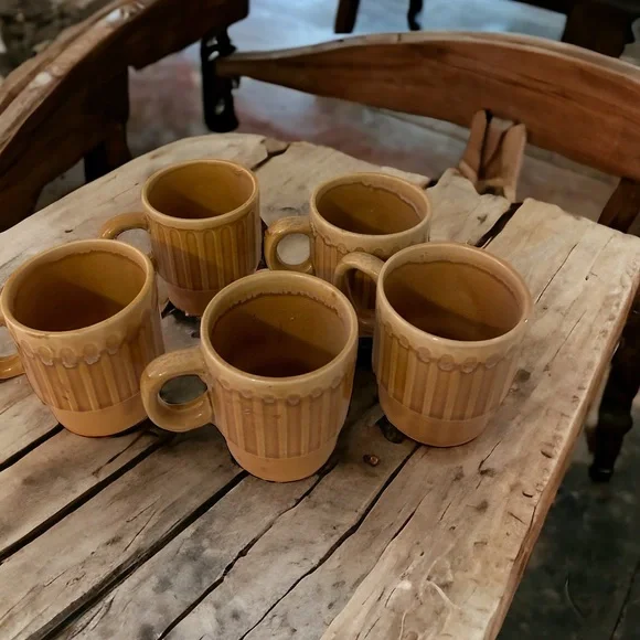 MCM Brown Ceramic Pottery Mugs Set of 5 Japan glaze mid century boho 70s